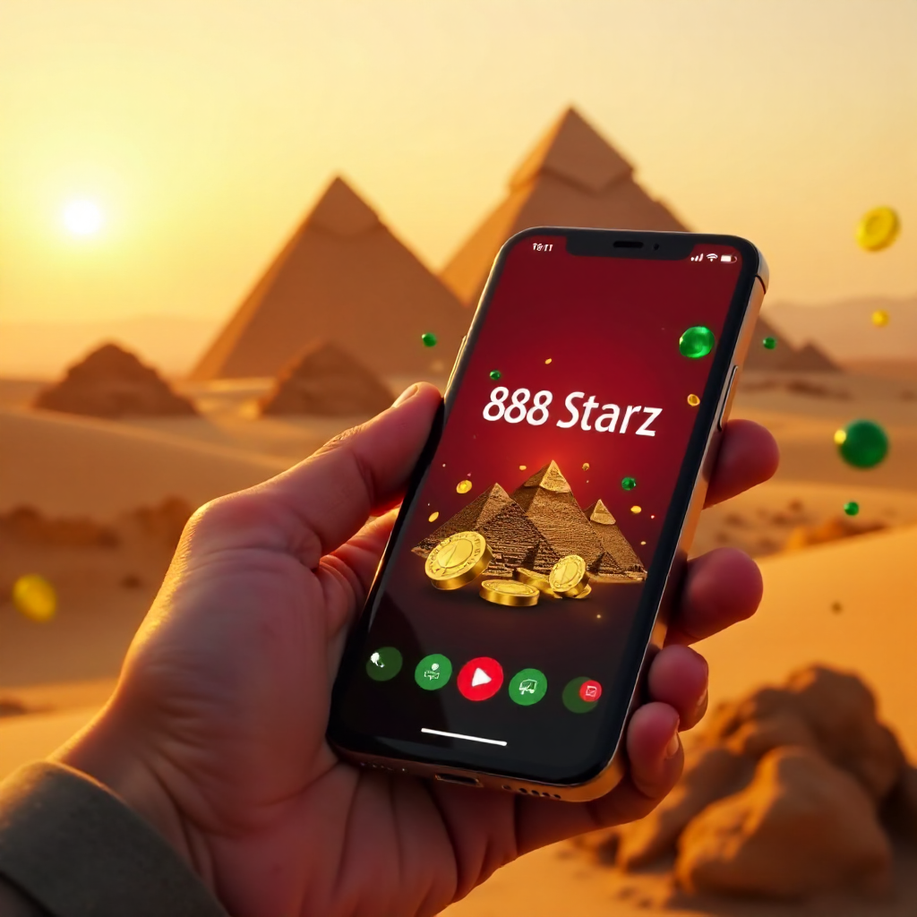 A hand holding a high-end smartphone displaying 888starz app, background featuring the Great Pyramids of Giza during a golden sunset, official red and white brand colors, 3D golden coins and emerald gems flying out of the screen, cinematic lighting, 8k.